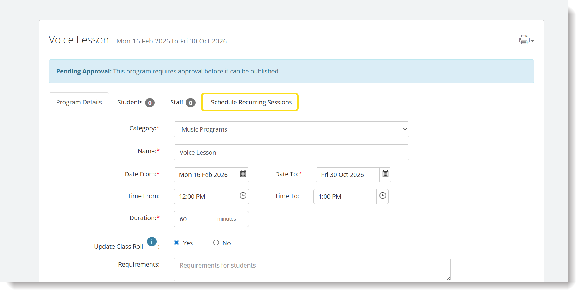 Program Session Creating Recurring Sessions in Scheduled Program