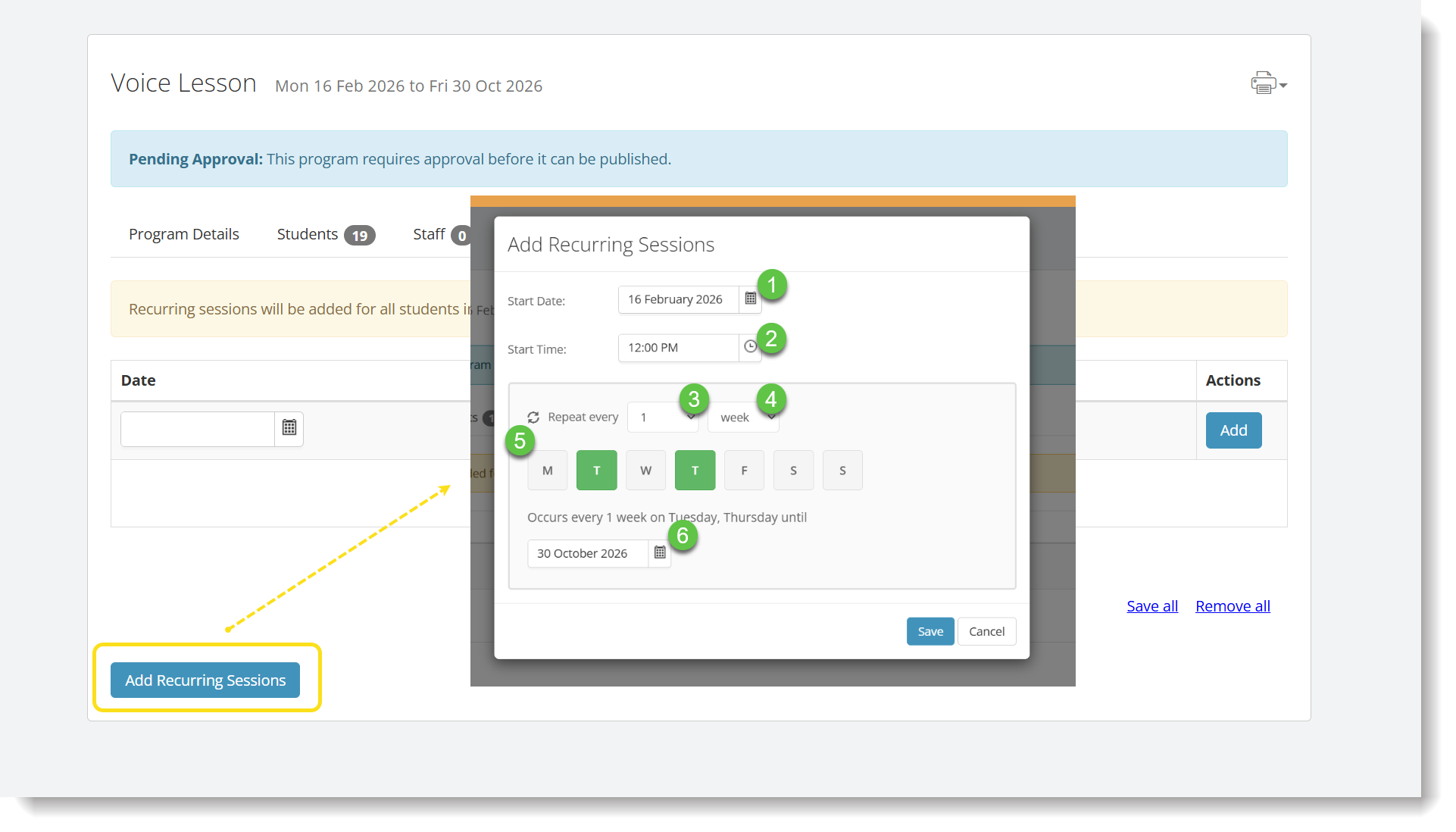 Creating Recurring Sessions in Scheduled Program